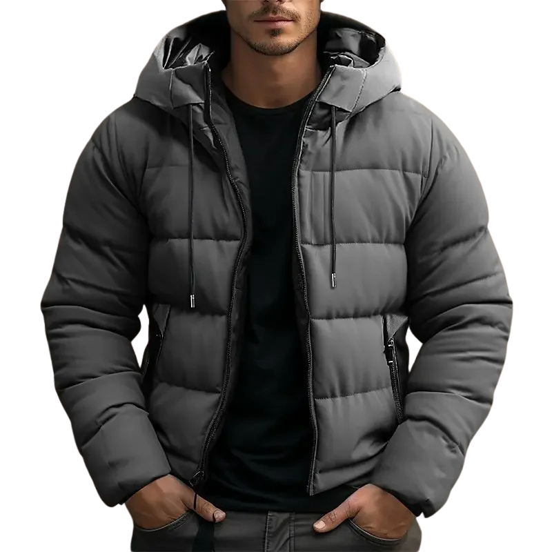 Men's Cotton Padded Hooded Puffer Jacket with Quilting and Zip Pockets