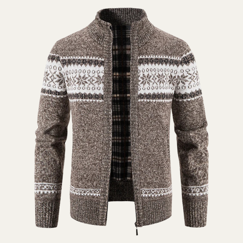 Men's Lined Fair Isle Zip Up Cardigan with Stand Collar and Snowflake Pattern
