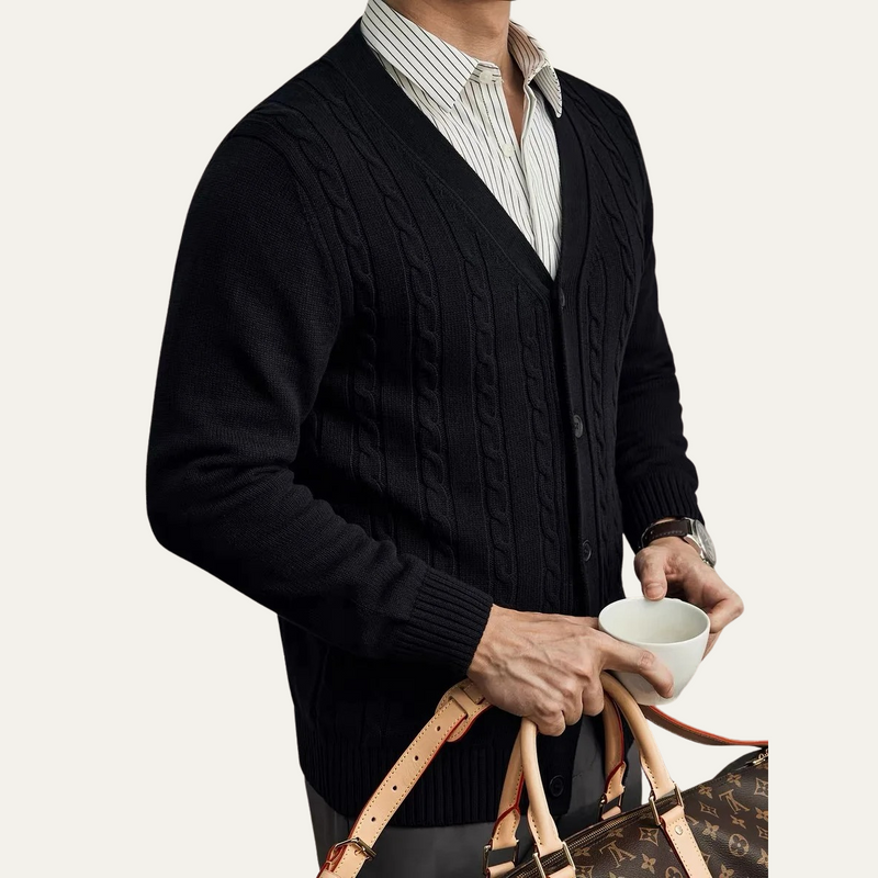 Men's Cable Knit V Neck Cardigan with Button Front and Patch Pockets