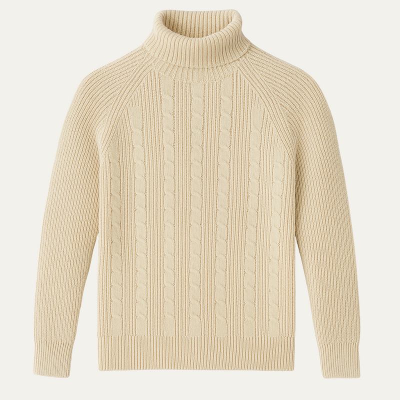 Men's Fine Cable Knit Mock Neck Sweater with Raglan Sleeves