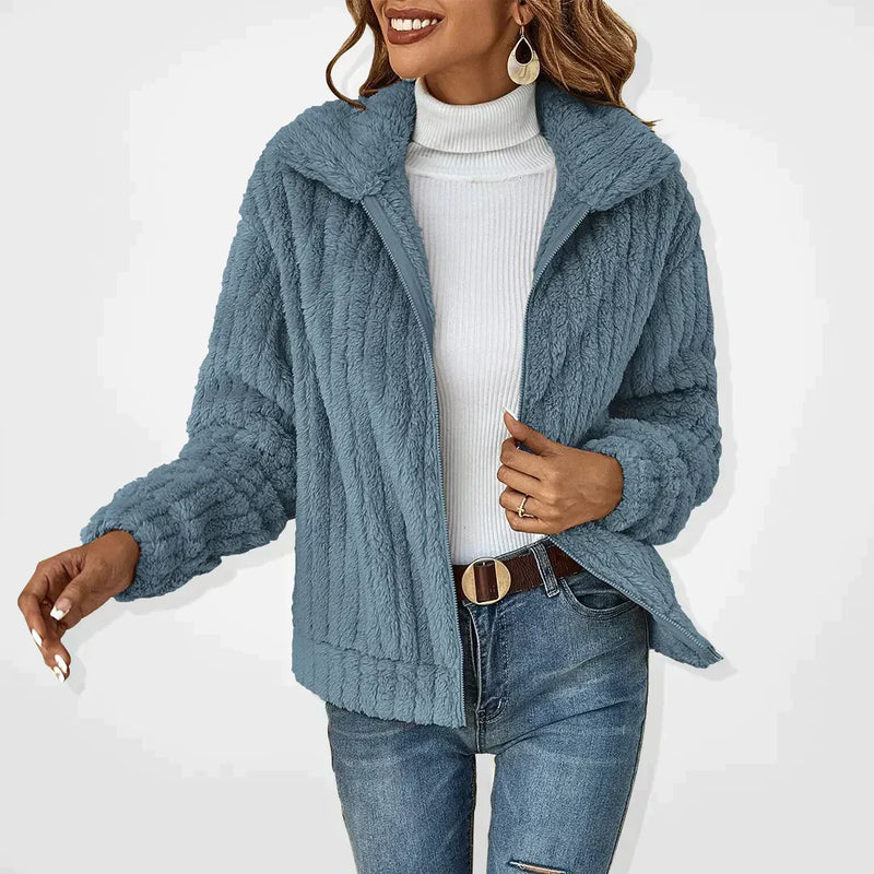 Women's Oversized Teddy Fleece Open Front Jacket with Notch Collar