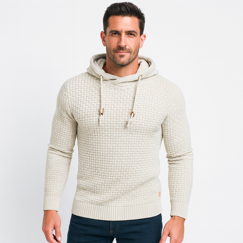 Men's Textured Knit Pullover Hoodie with Lined Hood and Beaded Drawcords