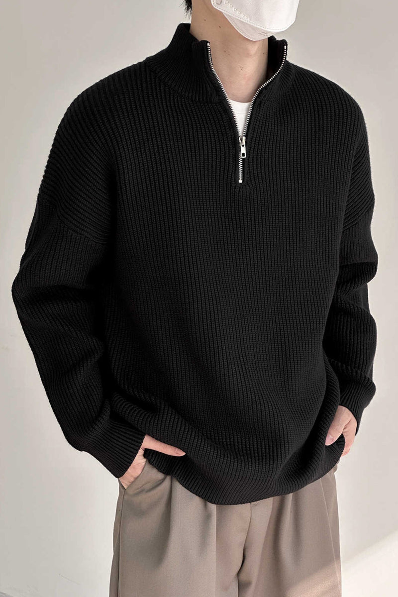 Men's Oversized Chunky Ribbed Quarter Zip Sweater with Convertible Mock Collar