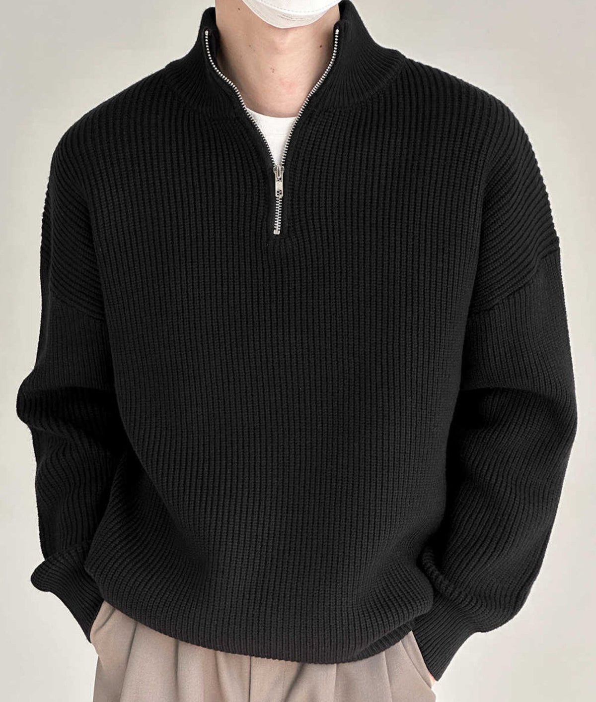 Men's Chunky Ribbed Knit Quarter Zip Sweater, Oversized Winter Pullover — view 1