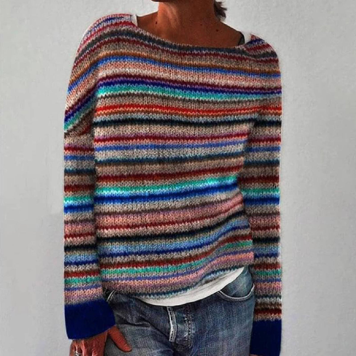Women's Striped Brushed Knit Sweater, Boat Neck Oversized Winter Pullover — view 1