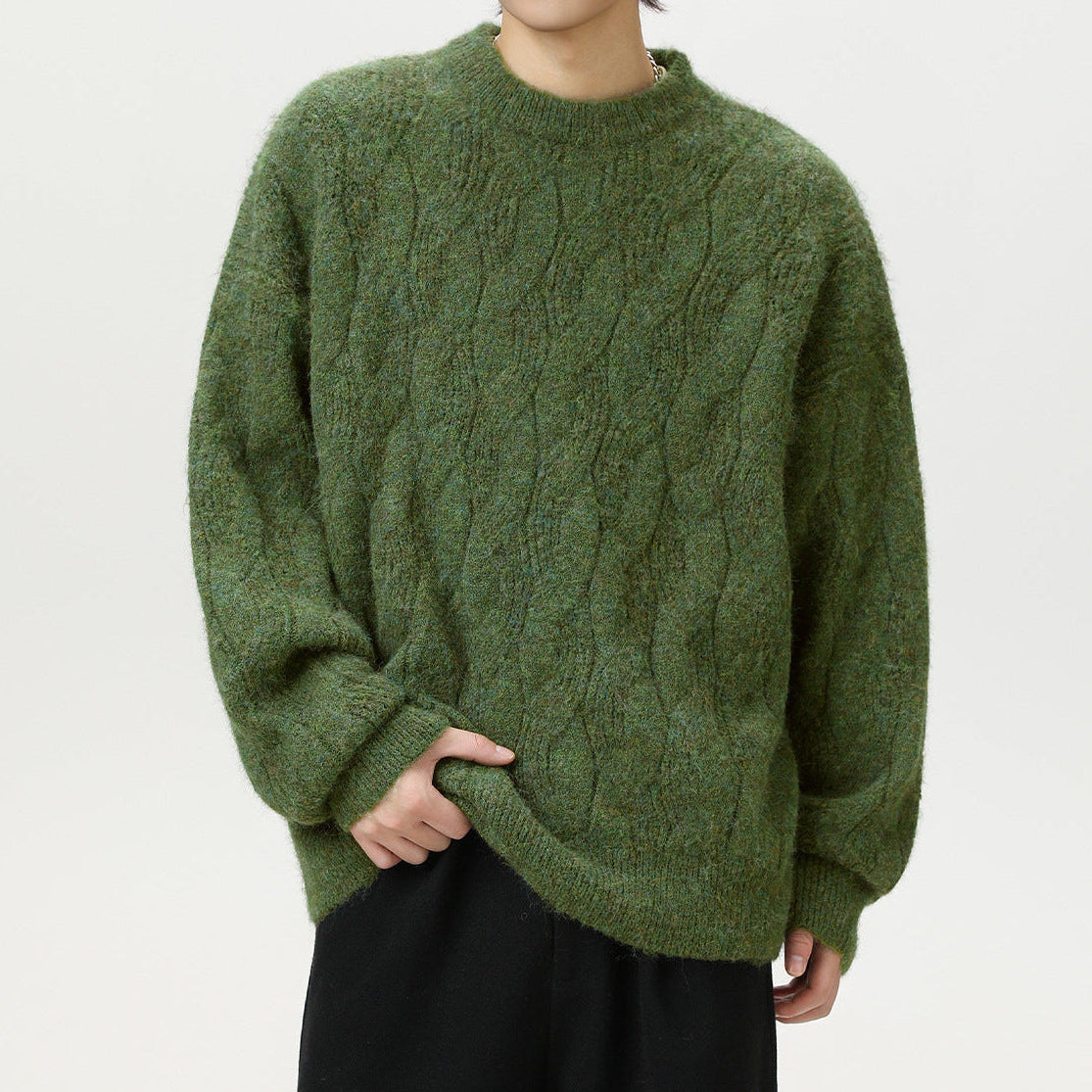 Men's Brushed Cable Knit Sweater, Oversized Crewneck Pullover — view 1