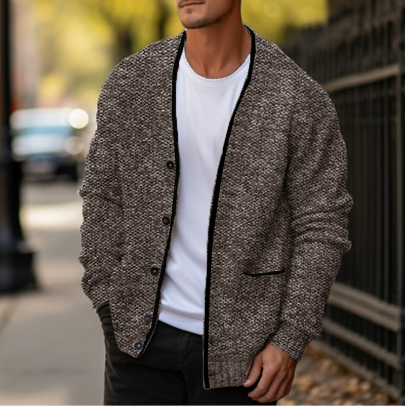 Men's V Neck Button Front Knit Cardigan with Contrast Piping and Pockets