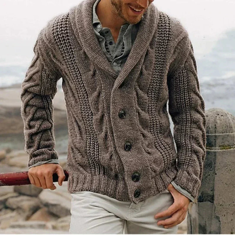 Men's Heavyweight Cable Knit Cardigan with Shawl Collar and Four Button Front