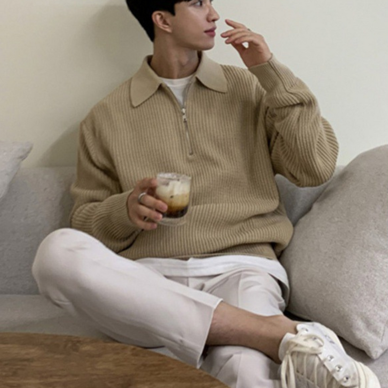 Men's Oversized Waffle Knit Quarter Zip Sweater with Foldover Collar