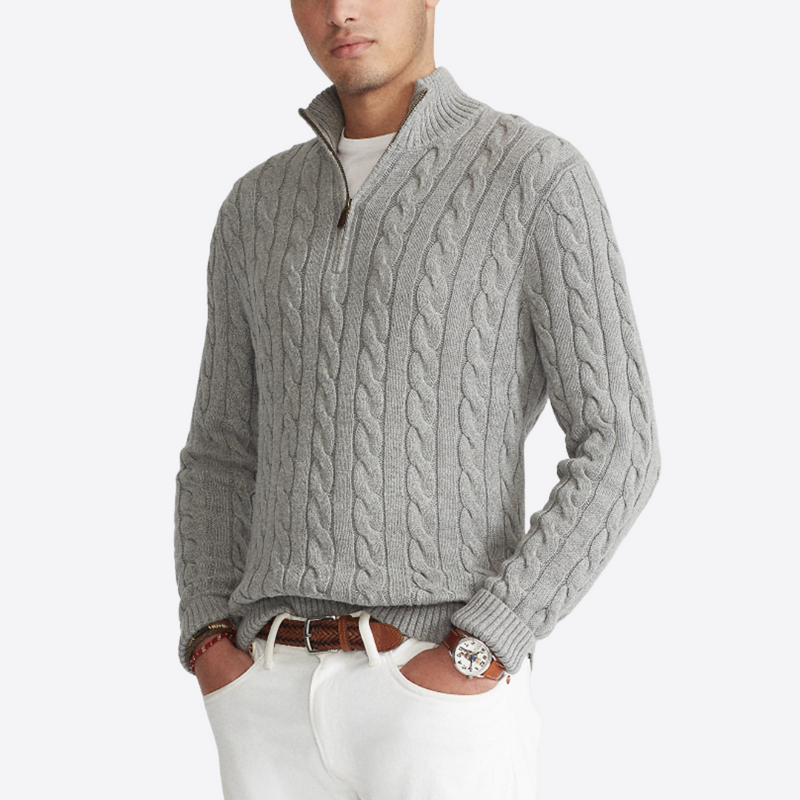 Men's Cotton Cable Knit Quarter Zip Sweater with Ribbed Cuffs and Hem