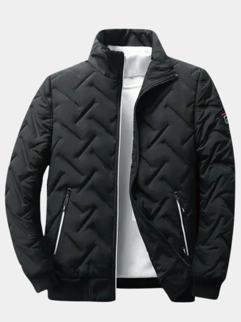 Men's Quilted Padded Bomber Jacket with Stand Collar and Zipped Pockets
