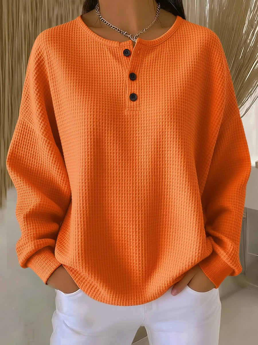 Women's Waffle Knit Henley Top, Oversized Crewneck Casual Pullover — view 1