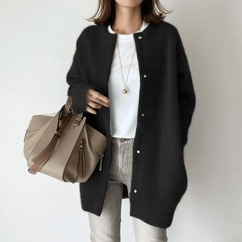 Women's Oversized Longline Brushed Knit Cardigan with Pearl Effect Buttons