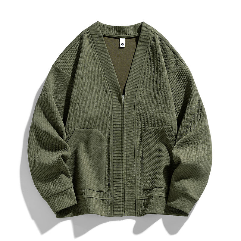Men's Oversized Waffle Knit Zip Up Cardigan Jacket with Smooth Lining and Pockets