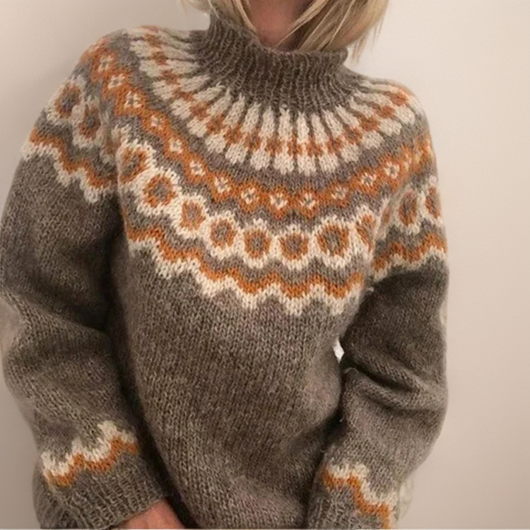 Women's Oversized Brushed Fair Isle Mock Neck Sweater with Patterned Yoke