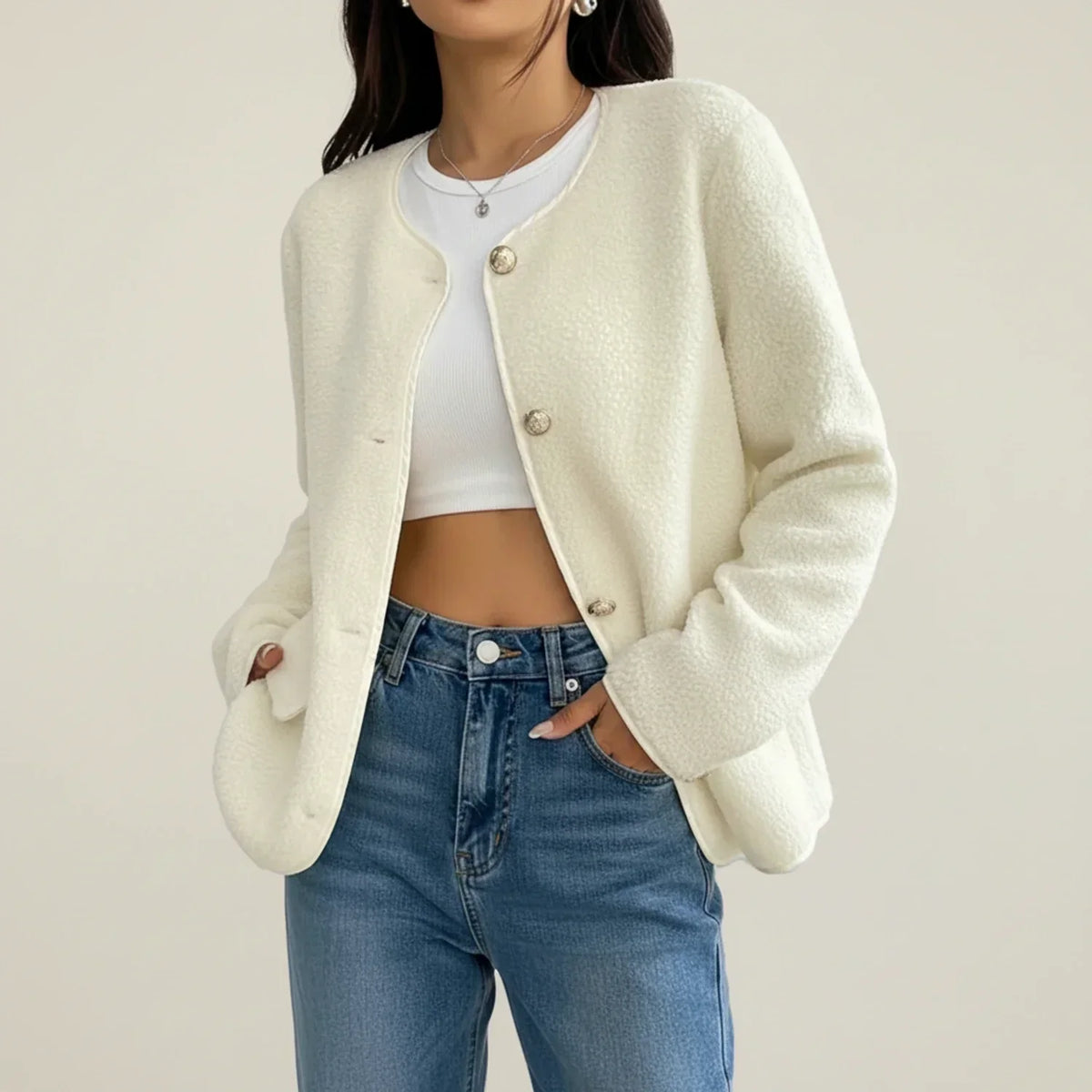 Women's Boiled Knit Collarless Blazer, Button Front Tailored Jacket — view 1