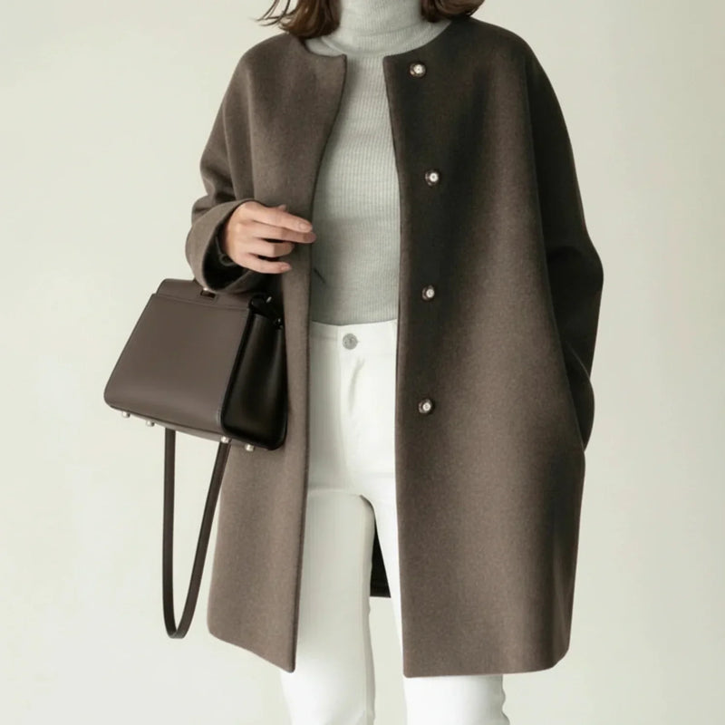 Women's Oversized Longline Collarless Coat with Brushed Fabric and Button Front