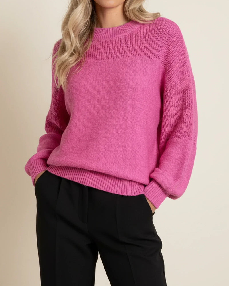 Women's Oversized Textured Crewneck Sweater with Balloon Sleeves and Ribbed Hem