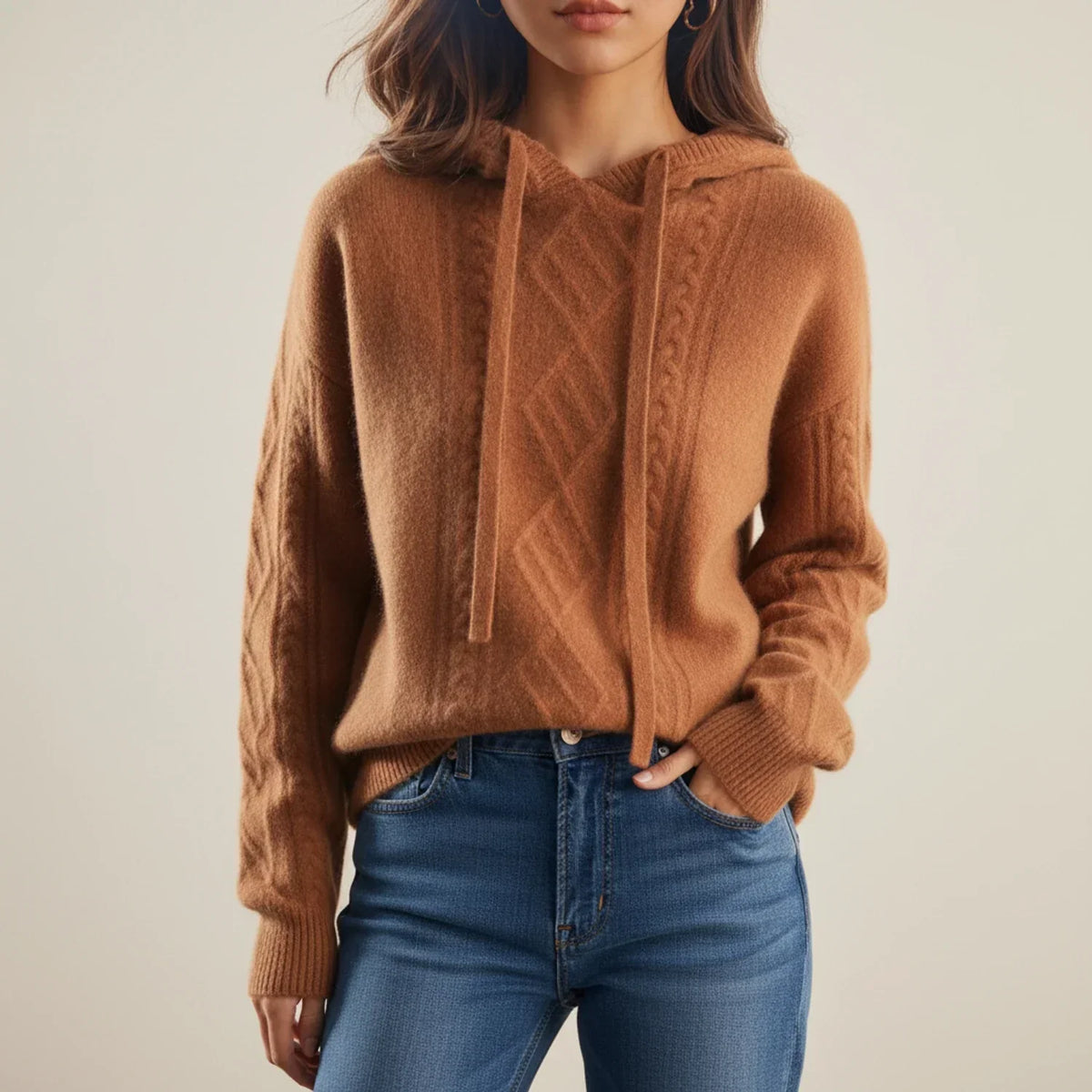Women's Cable Knit Hooded Sweater, Relaxed Drawstring Winter Pullover — view 1