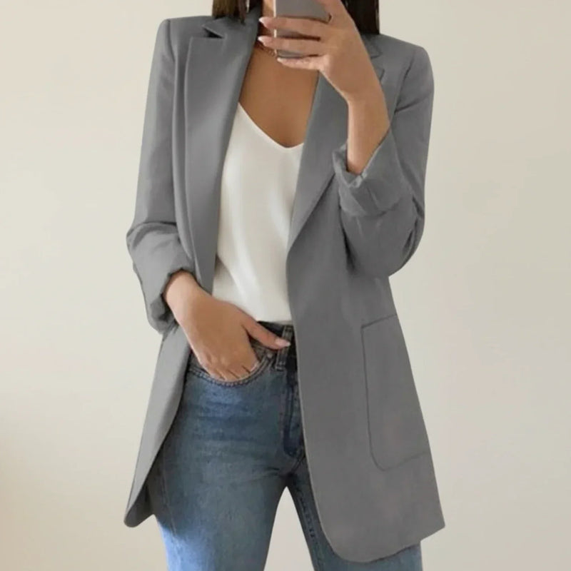 Women's Longline Open Front Blazer with Notch Lapels and Patch Pockets