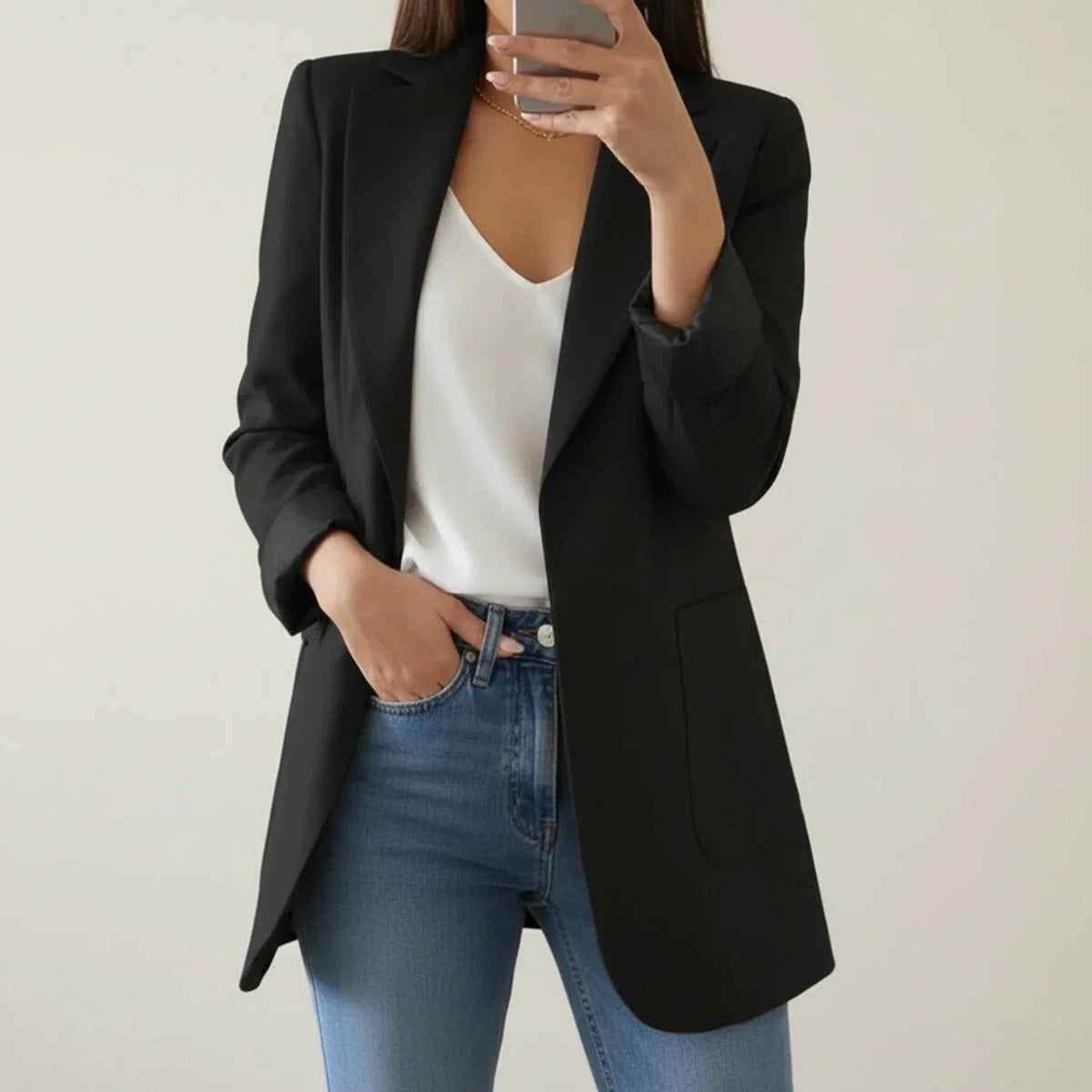 Women's Longline Blazer, Open Front Notch Lapel Office Jacket — view 1