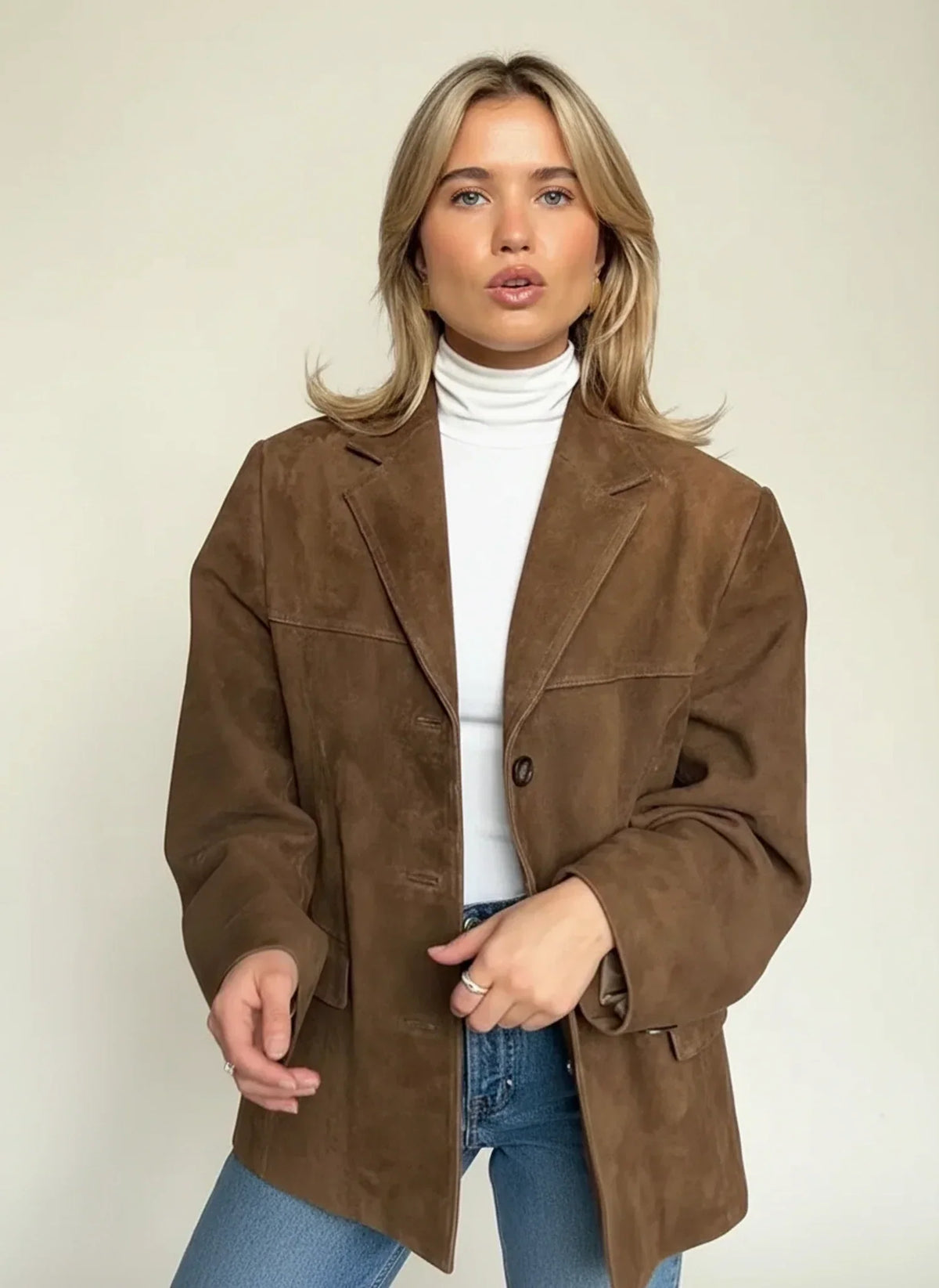 Women's Faux Suede Oversized Blazer, Three Button Relaxed Jacket — view 1