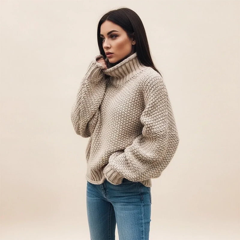 Women's Oversized Chunky Knit Turtleneck Sweater with Drop Shoulder Sleeves