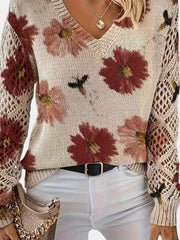 Women's Floral Print Knit Sweater, Lightweight V-Neck Pullover