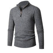 Men's Ribbed Knit Quarter Zip Sweater, Mock Neck Winter Pullover