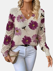 Women's Floral Print Knit Sweater, Lightweight V-Neck Pullover