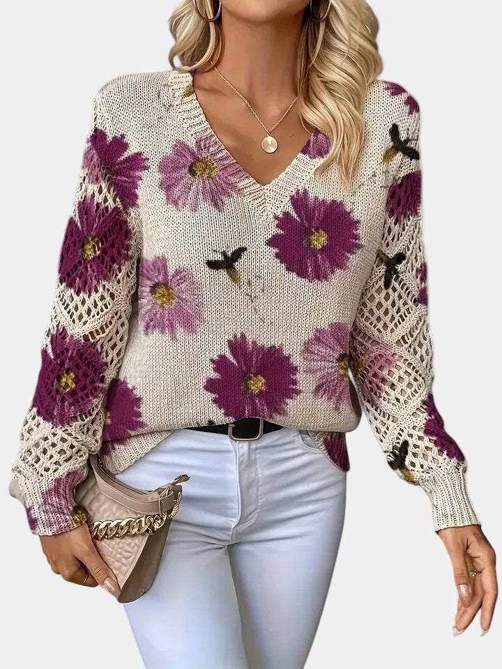 Women's Lightweight Floral V Neck Knit Sweater with Openwork Sleeve Panels