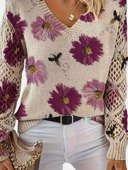 Women's Floral Print Knit Sweater, Lightweight V-Neck Pullover