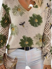 Women's Floral Print Knit Sweater, Lightweight V-Neck Pullover