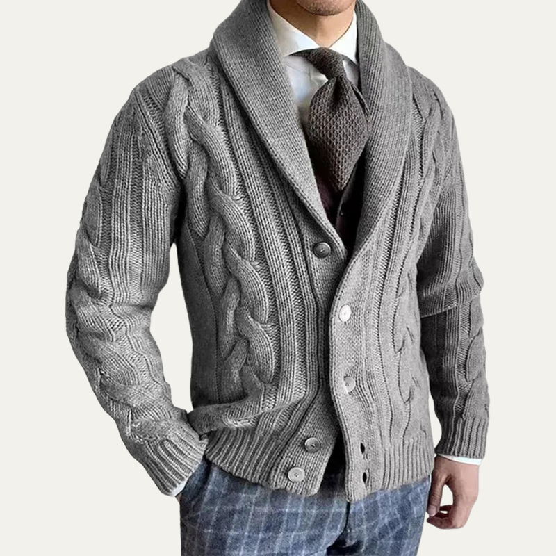 Men's Chunky Cable Knit Cardigan, Shawl Collar Button Front Winter Sweater