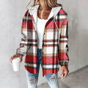 Women's Plaid Hooded Shirt Jacket, Button Front Brushed Check Overshirt