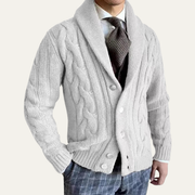 Men's Chunky Cable Knit Cardigan, Shawl Collar Button Front Winter Sweater