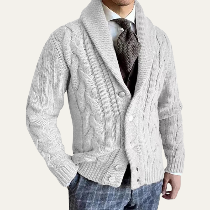 Men's Chunky Cable Knit Cardigan, Shawl Collar Button Front Winter Sweater