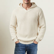 Men's Chunky Ribbed Knit Hoodie, Relaxed V-Neck Winter Sweater