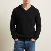 Men's Chunky Ribbed Knit Hoodie, Relaxed V-Neck Winter Sweater