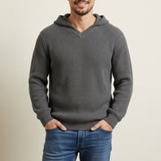 Men's Chunky Ribbed Knit Hoodie, Relaxed V-Neck Winter Sweater