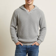 Men's Chunky Ribbed Knit Hoodie, Relaxed V-Neck Winter Sweater