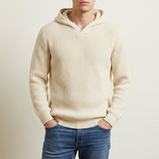 Men's Chunky Ribbed Knit Hoodie, Relaxed V-Neck Winter Sweater