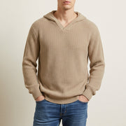 Men's Chunky Ribbed Knit Hoodie, Relaxed V-Neck Winter Sweater