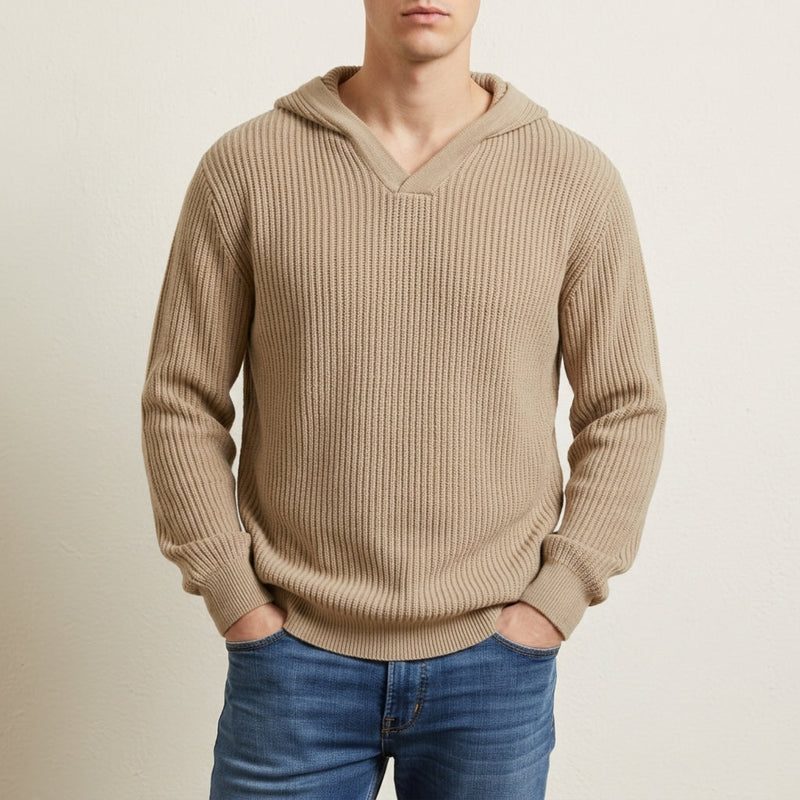 Men's Chunky Ribbed Knit Hoodie with Open V Neck and Relaxed Fit
