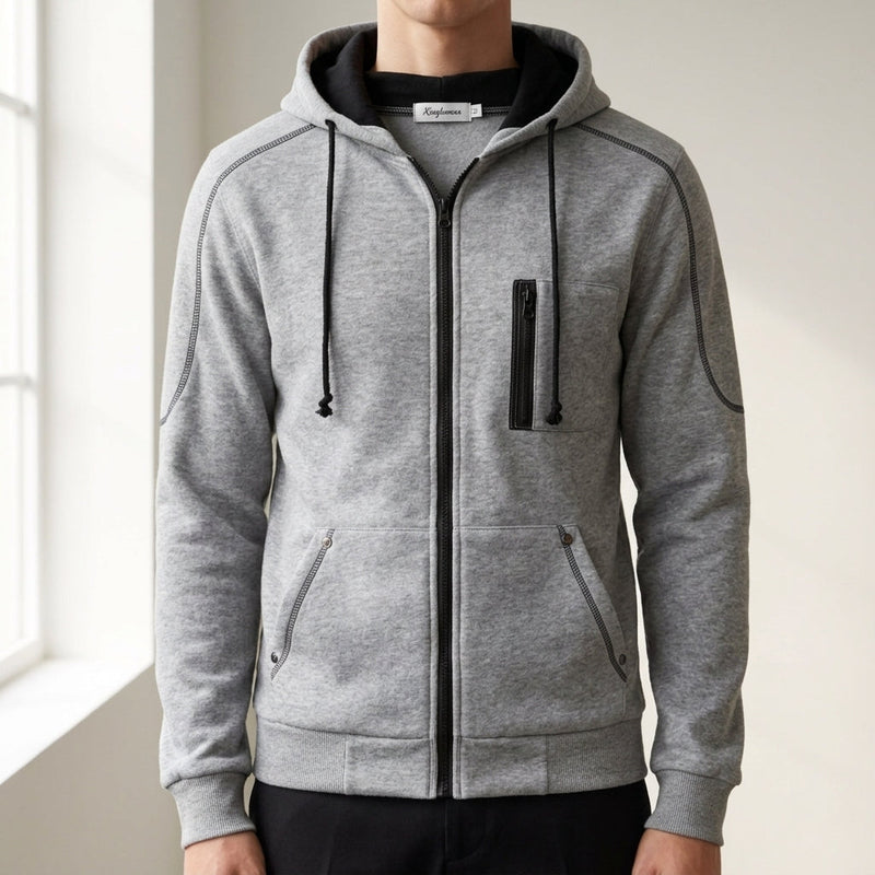 Men's Cotton Blend Brushed Fleece Zip Up Hoodie with Zipped Chest Pocket