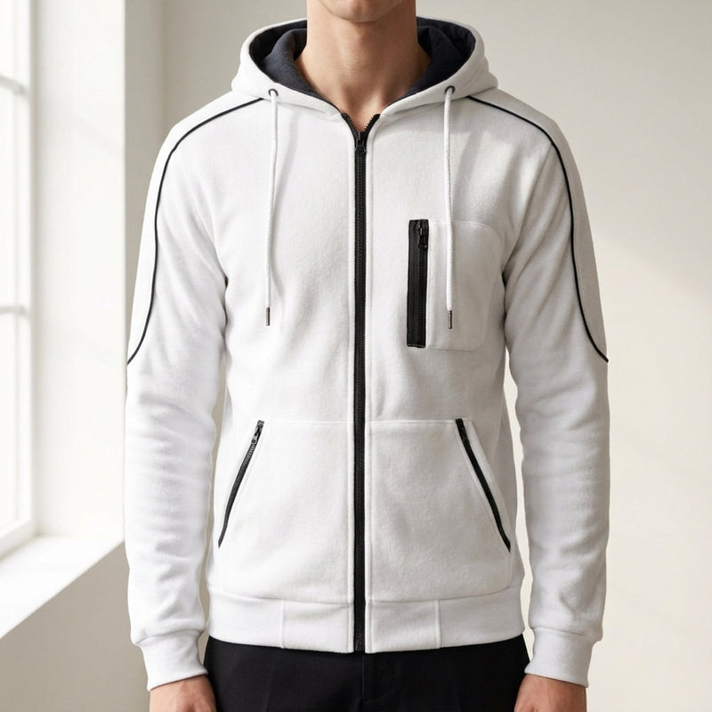 Men's Cotton Blend Brushed Fleece Zip Up Hoodie with Zipped Chest Pocket