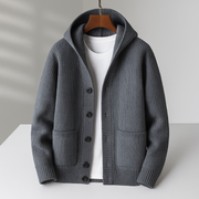 Men's Chunky Ribbed Knit Cardigan, Hooded Button Front Winter Sweater