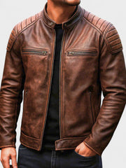Men's Faux Leather Moto Jacket, Quilted Shoulder Zip Up Biker Jacket