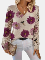 Women's Floral Print Knit Sweater, Lightweight V-Neck Pullover