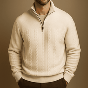 Men's Textured Cable Knit Quarter Zip Sweater, Stand Collar Winter Pullover